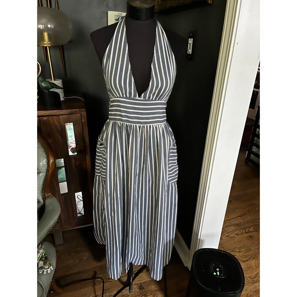 Anthropologie Halter Dress Striped Cotton Nautical Festival Pockets S